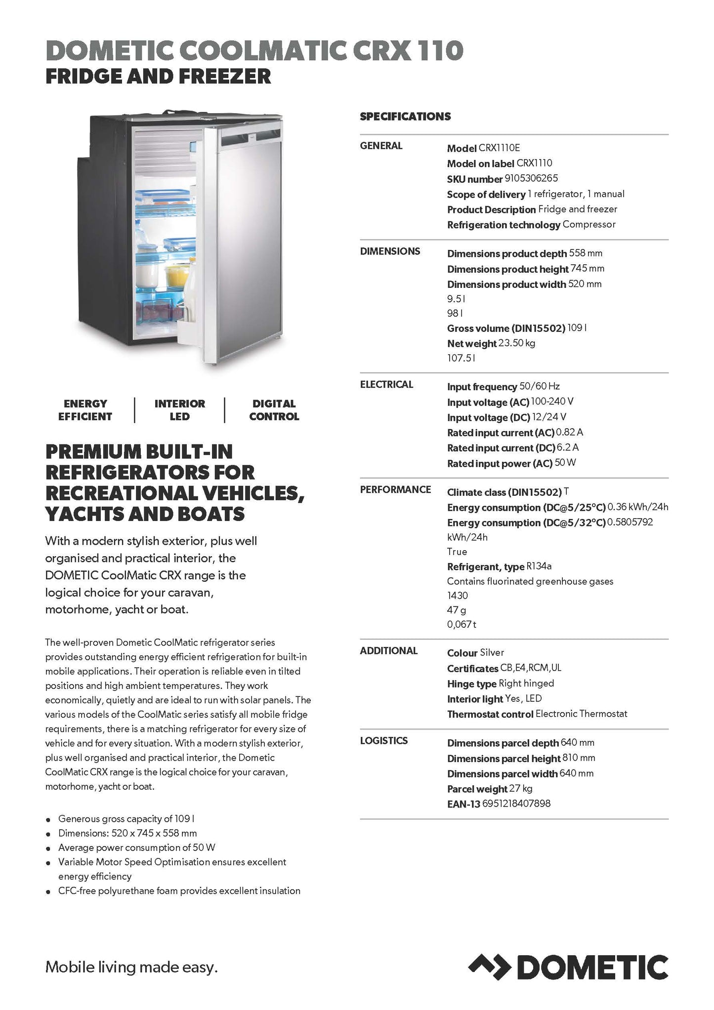 DOMETIC COOLMATIC CRX 110 FRIDGE AND FREEZER