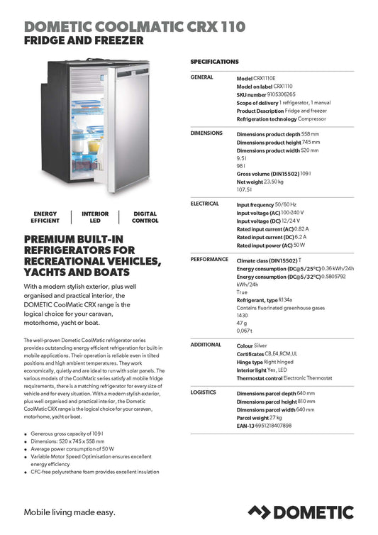 DOMETIC COOLMATIC CRX 110 FRIDGE AND FREEZER