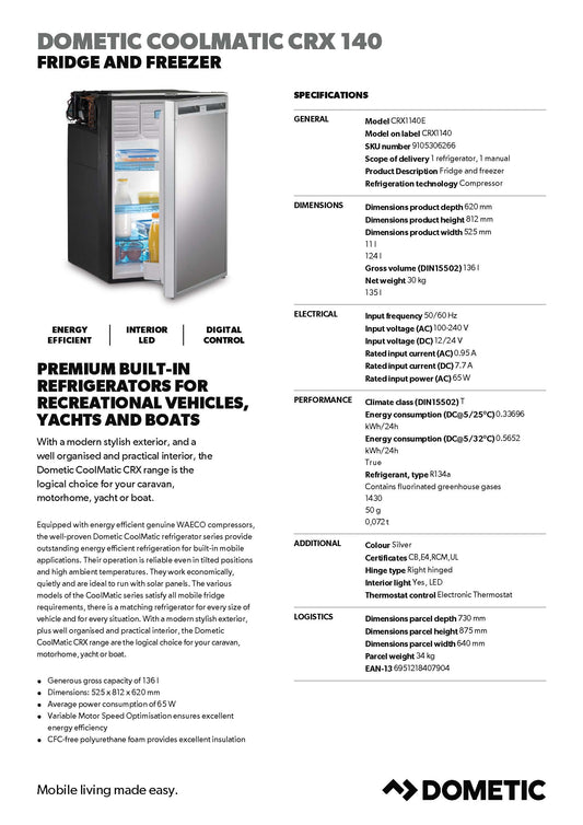 DOMETIC COOLMATIC CRX 140 FRIDGE AND FREEZER