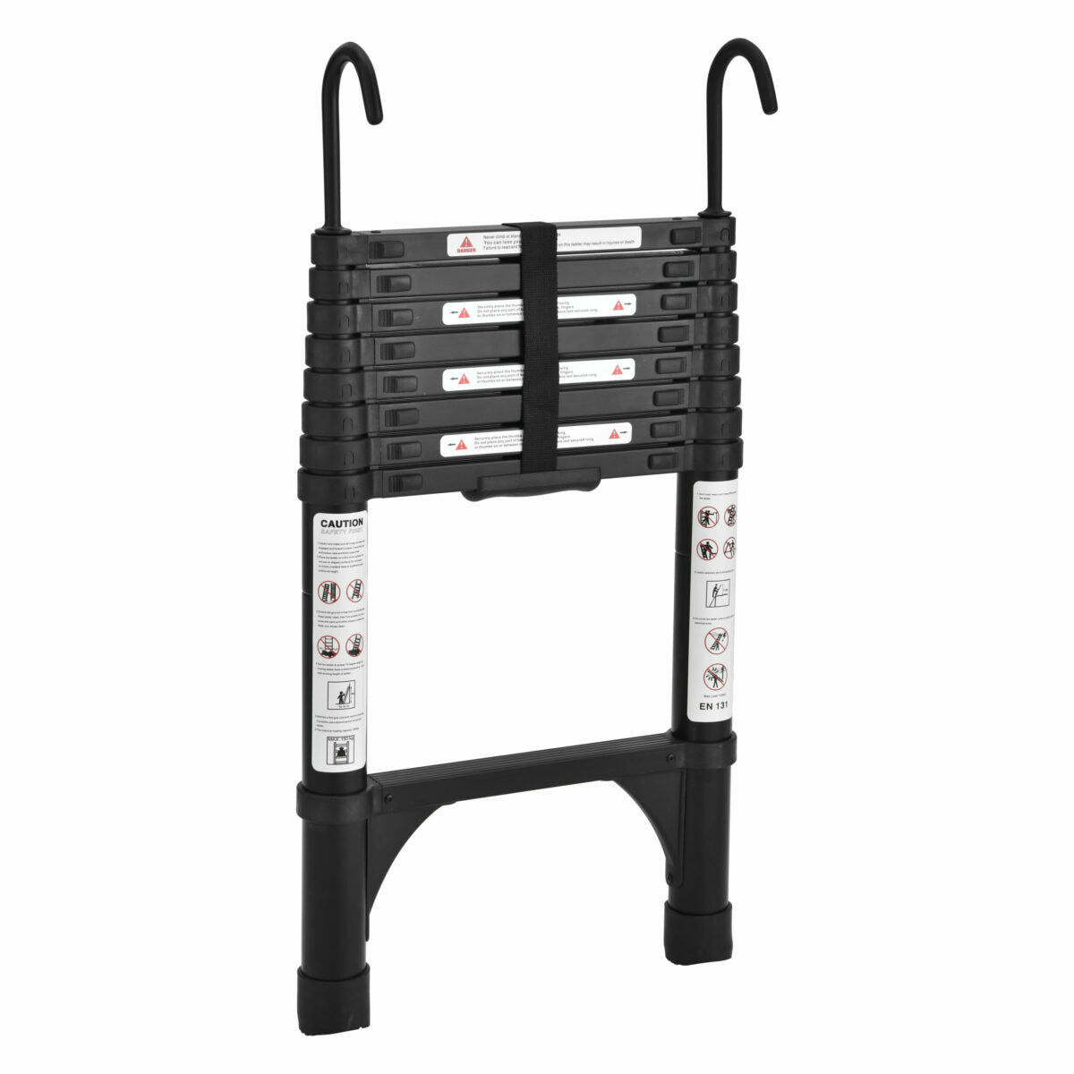 Black 2.6m Portable Telescopic Ladder With Hooks Carry Bag