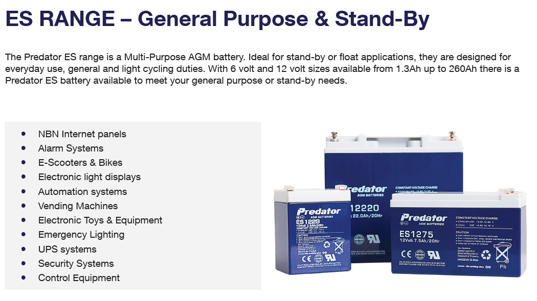 Predator ES1250 12V 5Ah AGM General Purpose - Breakaway Battery