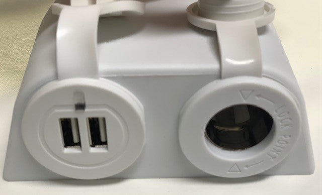12v socket & USB port, surface mount, white