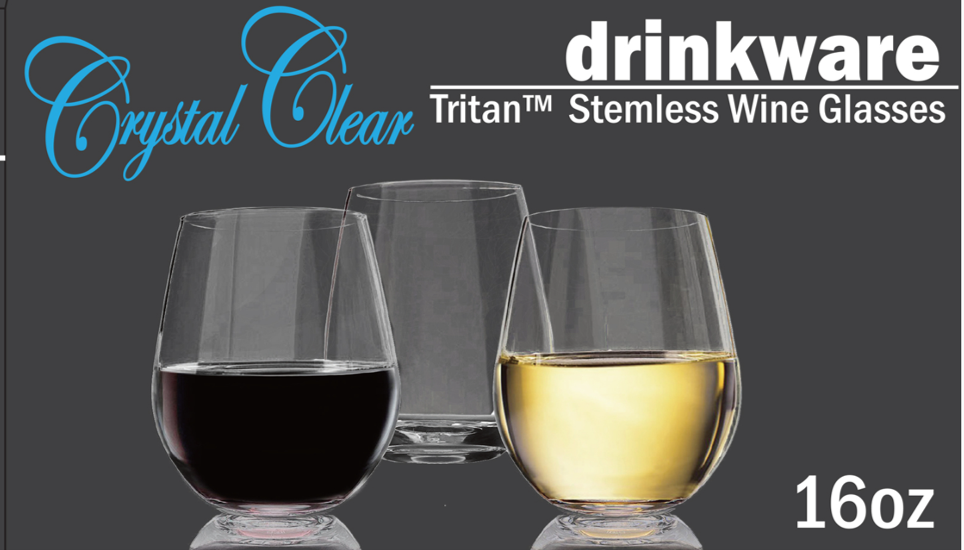 CRYSTAL CLEAR TRITAN STEMLESS WHITE WINE GLASS 16 OZ