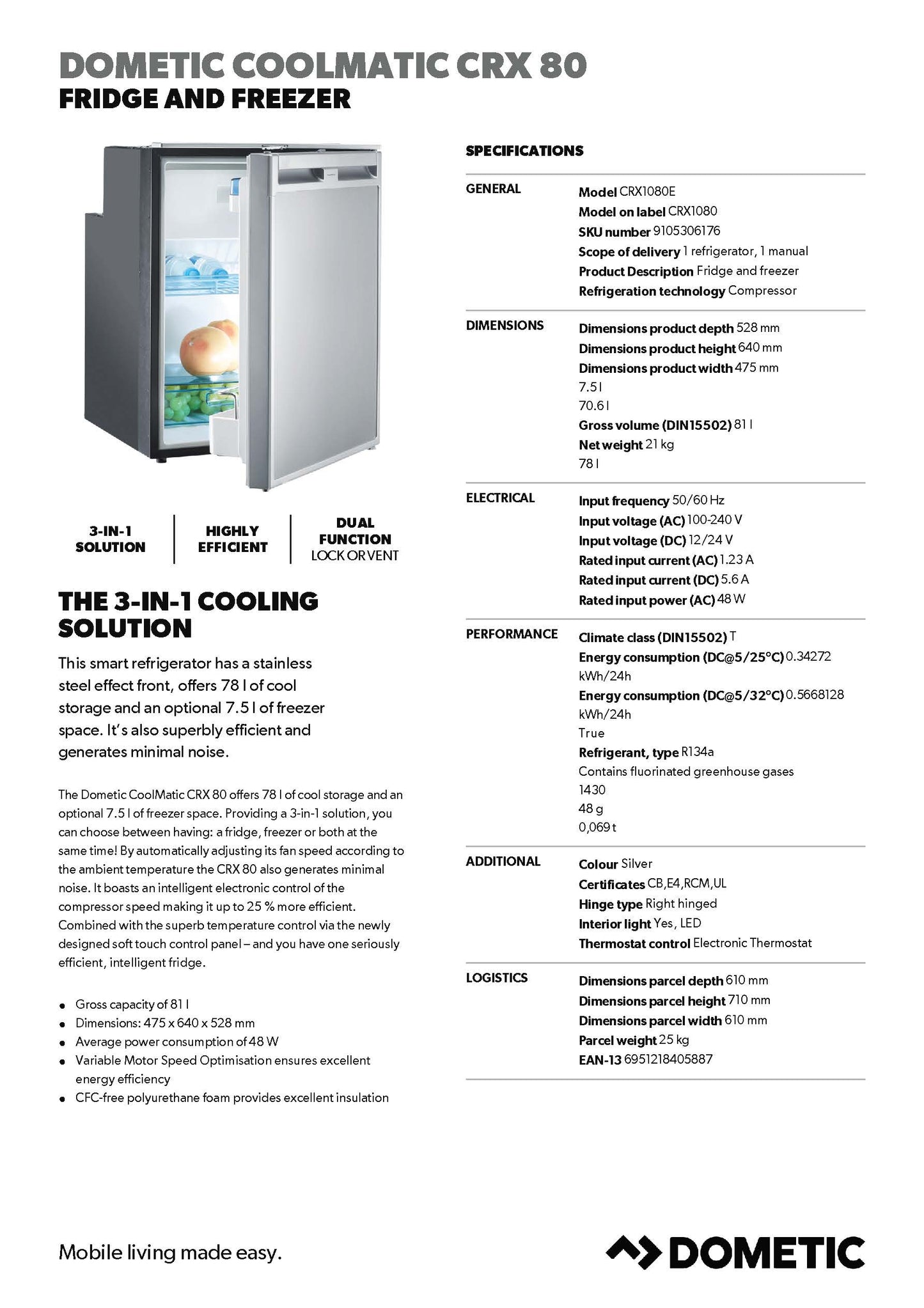 DOMETIC COOLMATIC CRX 80 FRIDGE AND FREEZER