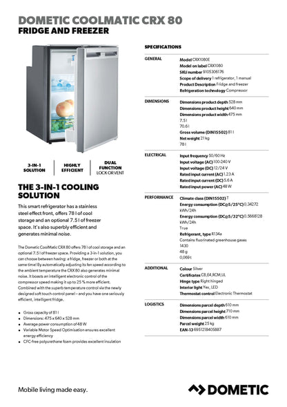 DOMETIC COOLMATIC CRX 80 FRIDGE AND FREEZER