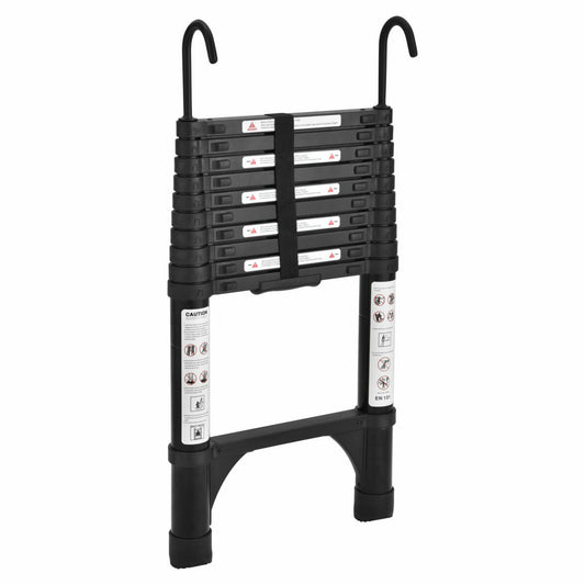 Black 3.2m Portable Telescopic Ladder With Hooks Carry Bag