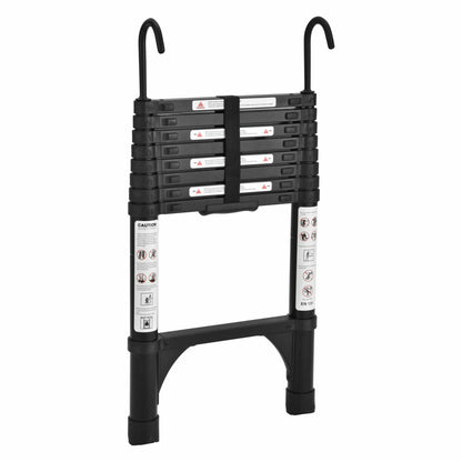 Black 2.6m Portable Telescopic Ladder With Hooks Carry Bag