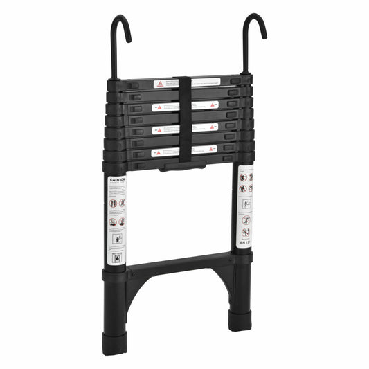 Black 2.6m Portable Telescopic Ladder With Hooks Carry Bag
