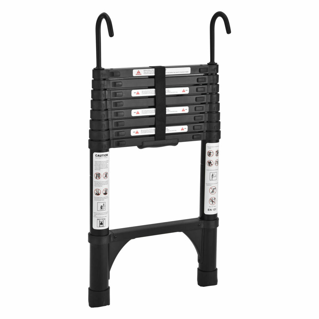 Black 2.6m Portable Telescopic Ladder With Hooks Carry Bag