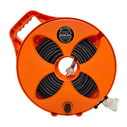 Flat Out 12.5m Premium 15amp Extension Lead on Compact Multi-Reel - Safety Orange