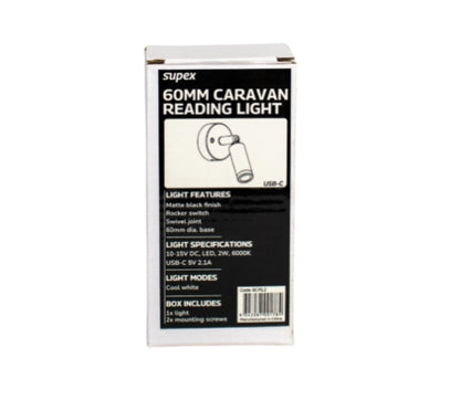 60MM BLACK CARAVAN READING LIGHT - WITH USB C