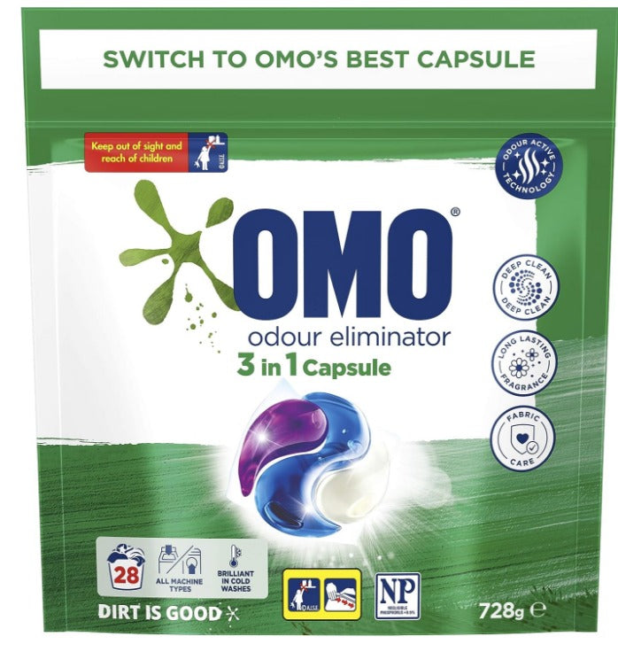 OMO Laundry Liquid Triple Capsules, 3 in 1 Capsule, Odour Eliminator, 28 Pack