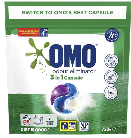 OMO Laundry Liquid Triple Capsules, 3 in 1 Capsule, Odour Eliminator, 28 Pack