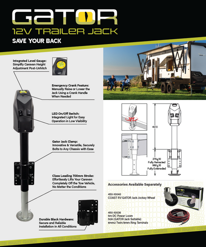 COAST RV GATOR 12V Trailer Jack with Clamp | 1800KG Cap | 355mm Lift